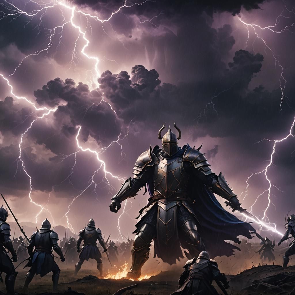 A dark fantasy landscape with a stormy and turbulent sky ove...