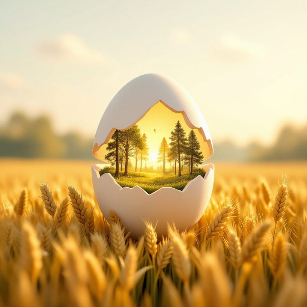 Glowing Forest Egg Floating Over Golden Wheat Field
