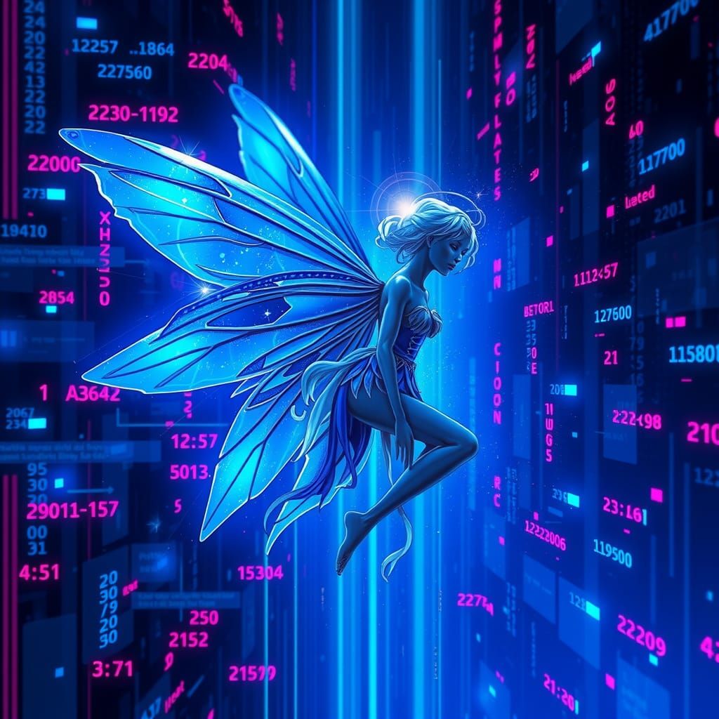 Blue Fairy Portrait in Cyberpunk Glitch Style