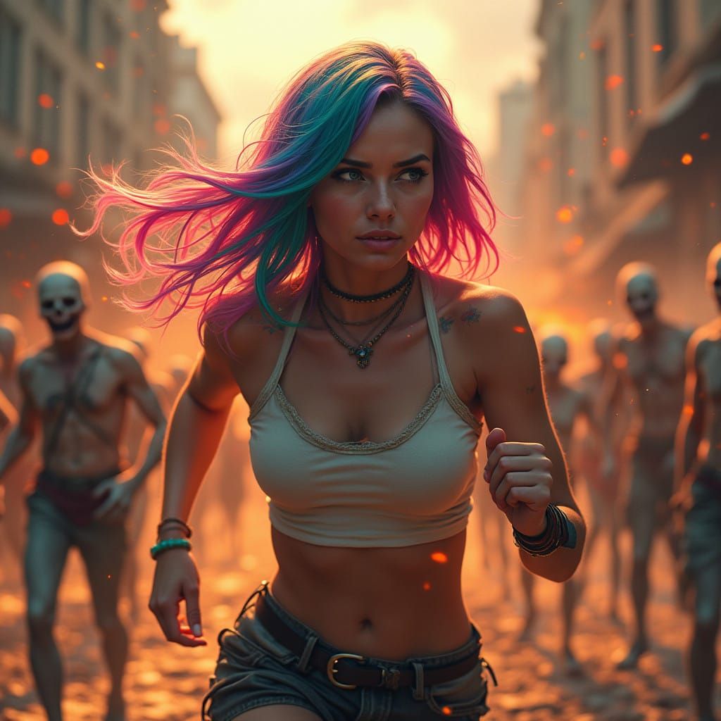 Determined Survivor Runs Through Inferno Cityscape