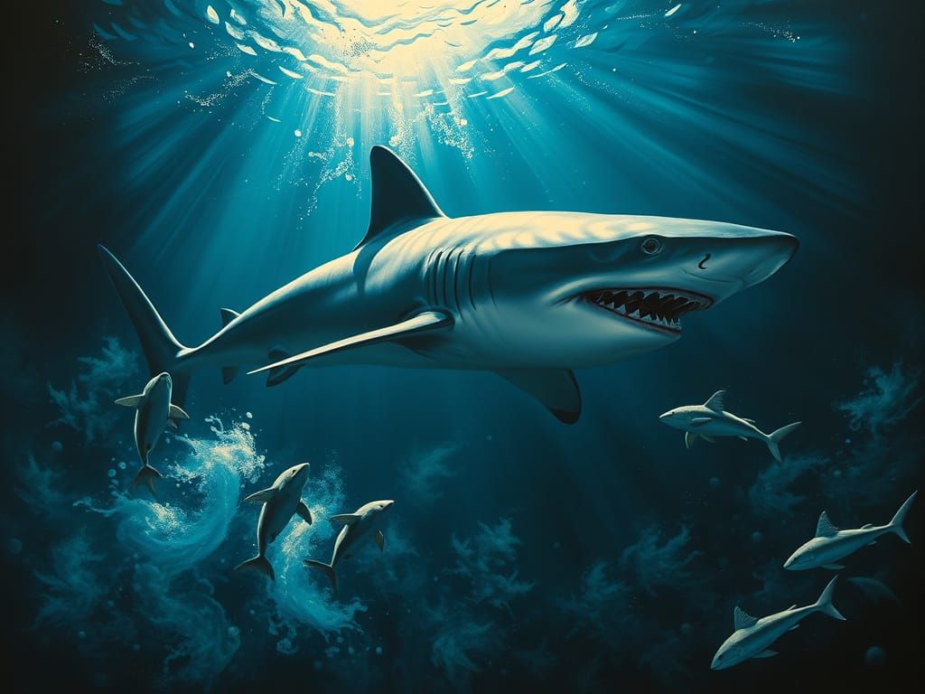 Dark Blue Ocean Depths Unveil Great White Shark Family