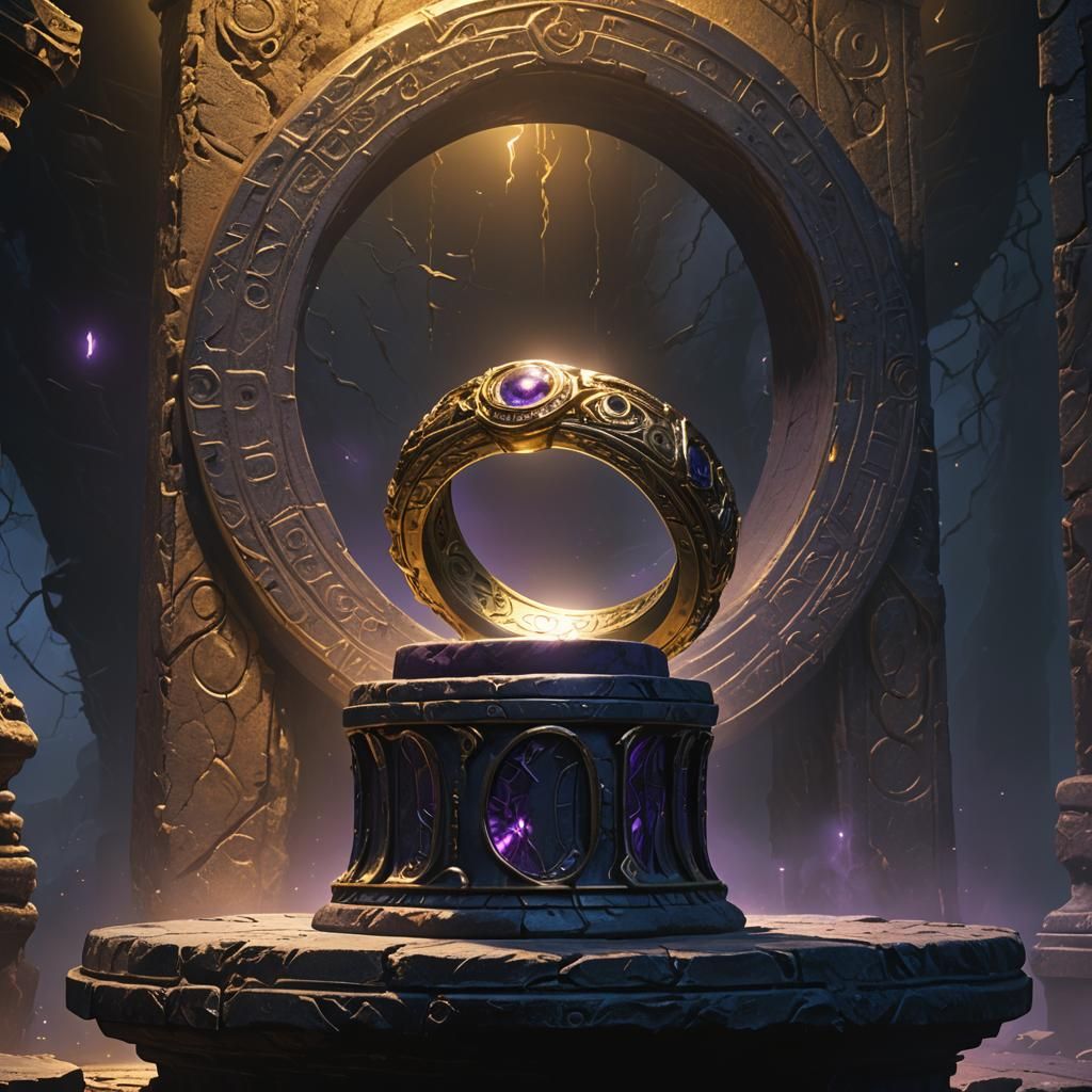 Golden Ring on Ancient Pedestal: Fantasy Art