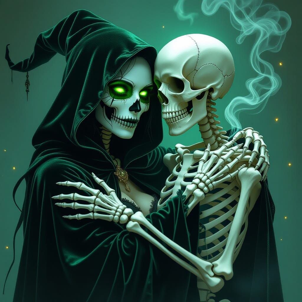 Mystical Witch Embraces Skeleton in Eerie Glow