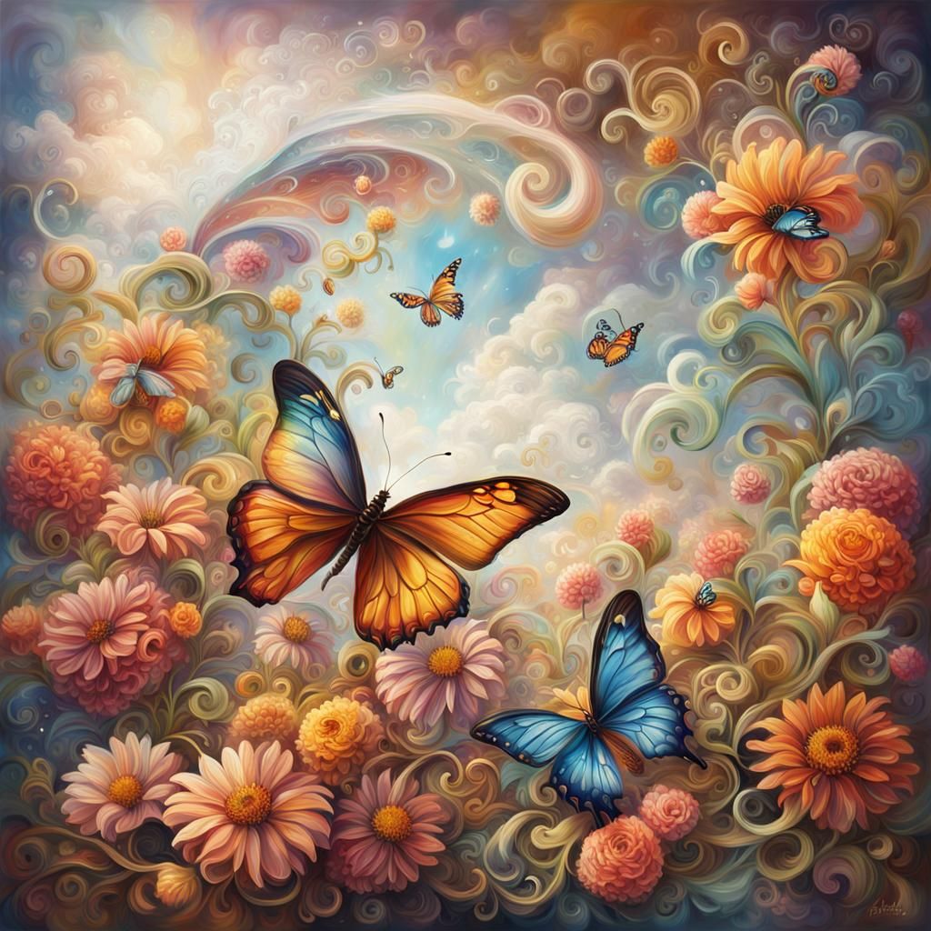 Ethereal Butterfly Among Boho Flowers, Oil Painting