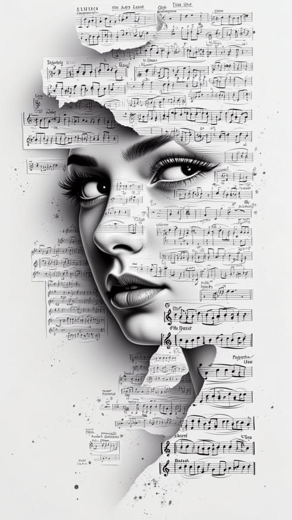 Woman's Portrait with Sheet Music in Sketch Style