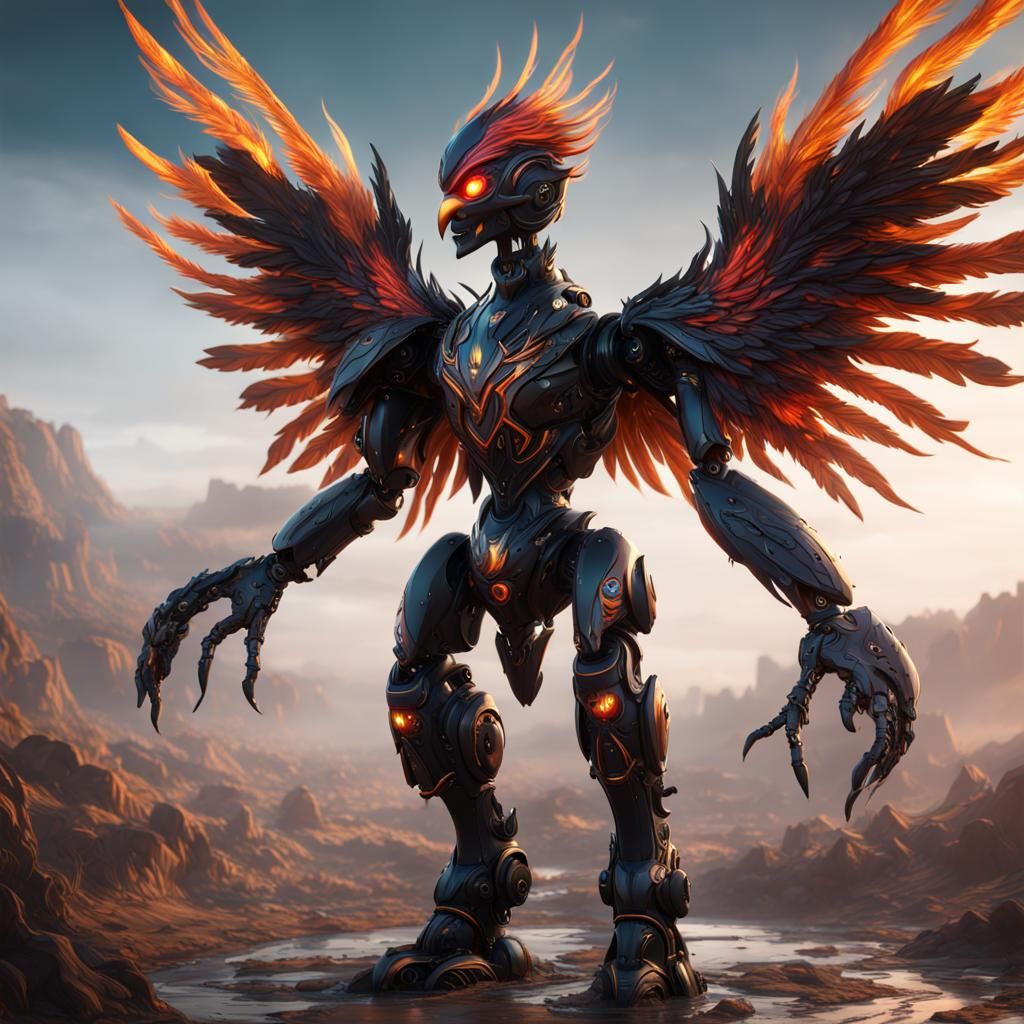 Detailed Black Robot Phoenix Concept Art