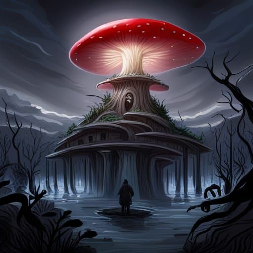 Gothic Horror Mushroom Kingdom Under Starry Night