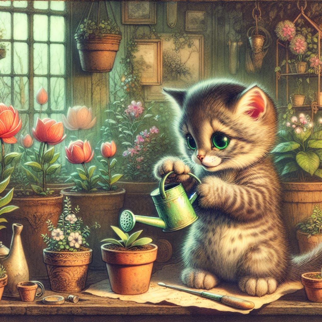 Kitten Gardener in Whimsical Watercolor Greenhouse