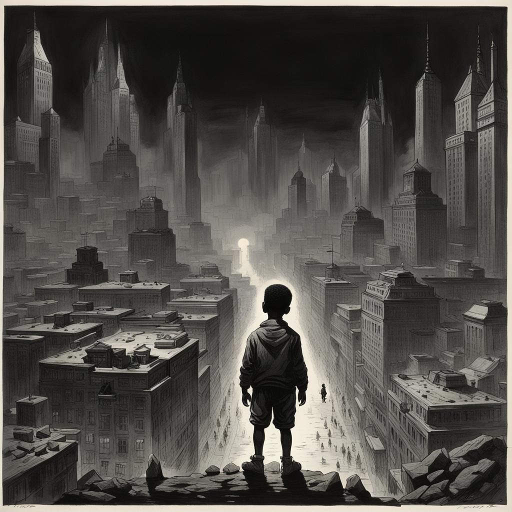 Futuristic City Portrait: Black Boy in Surreal Style