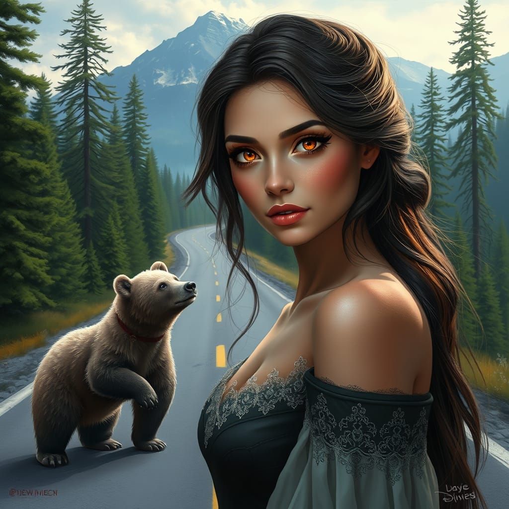 Ethereal Woman Gazing at an Adorable Bear in a Cyberpunk-Ins...
