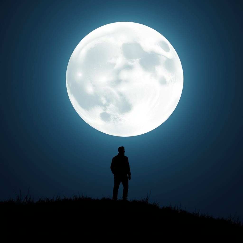 Lone Figure Silhouetted by Full Moon in 8k