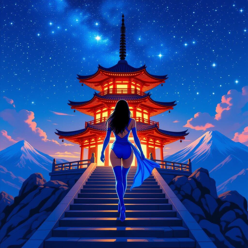 Psylocke Ascends Pagoda Under Starry Sky in Alex Ross Style