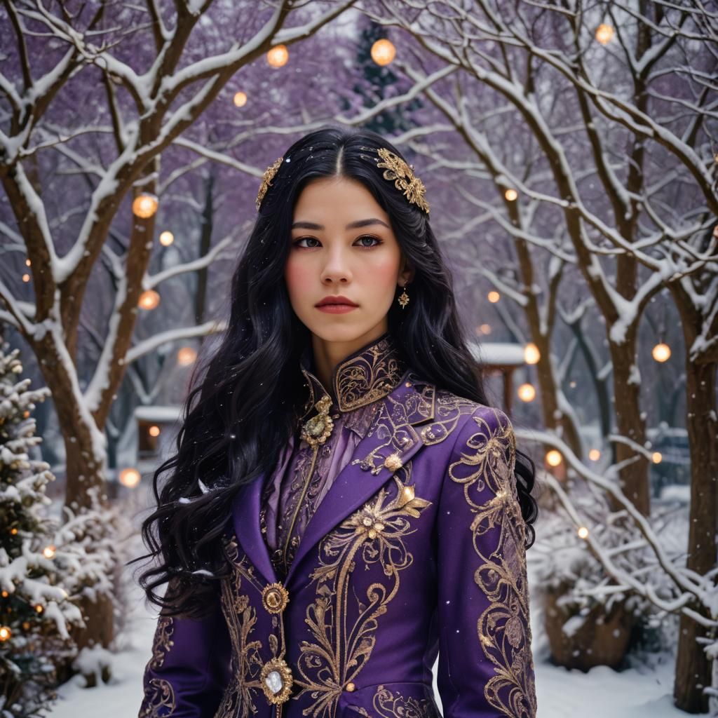Art Nouveau Girl in Purple Suit at Christmas