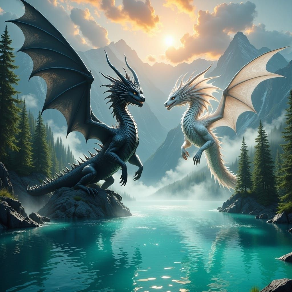 Black and White Dragons Soaring Over Lake