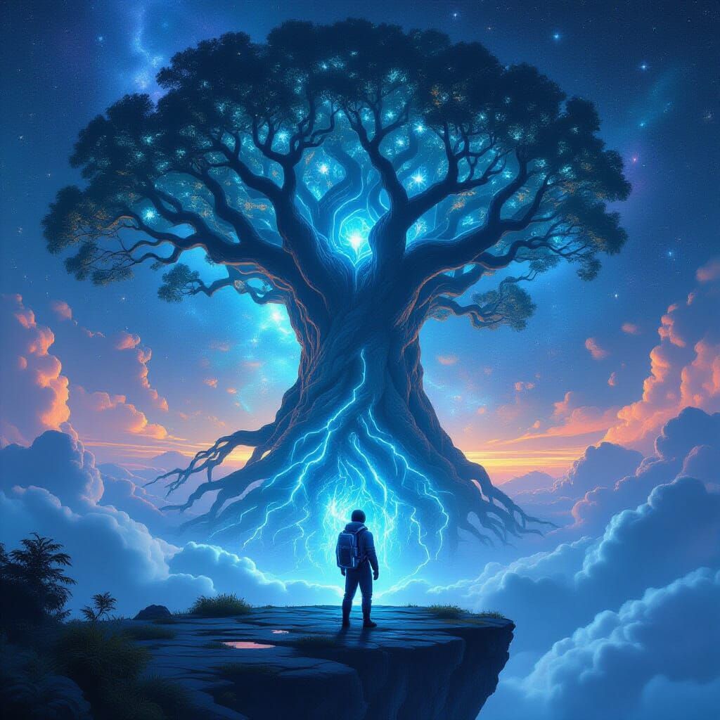 Explorer on Floating Island Gazes at Ancient Tree