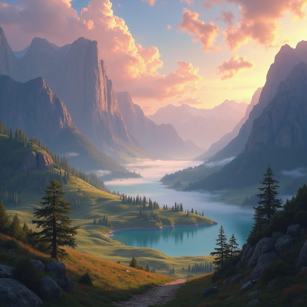Dreamlike Landscape Inspired by Bierstadt, Kinkade and Beksi...