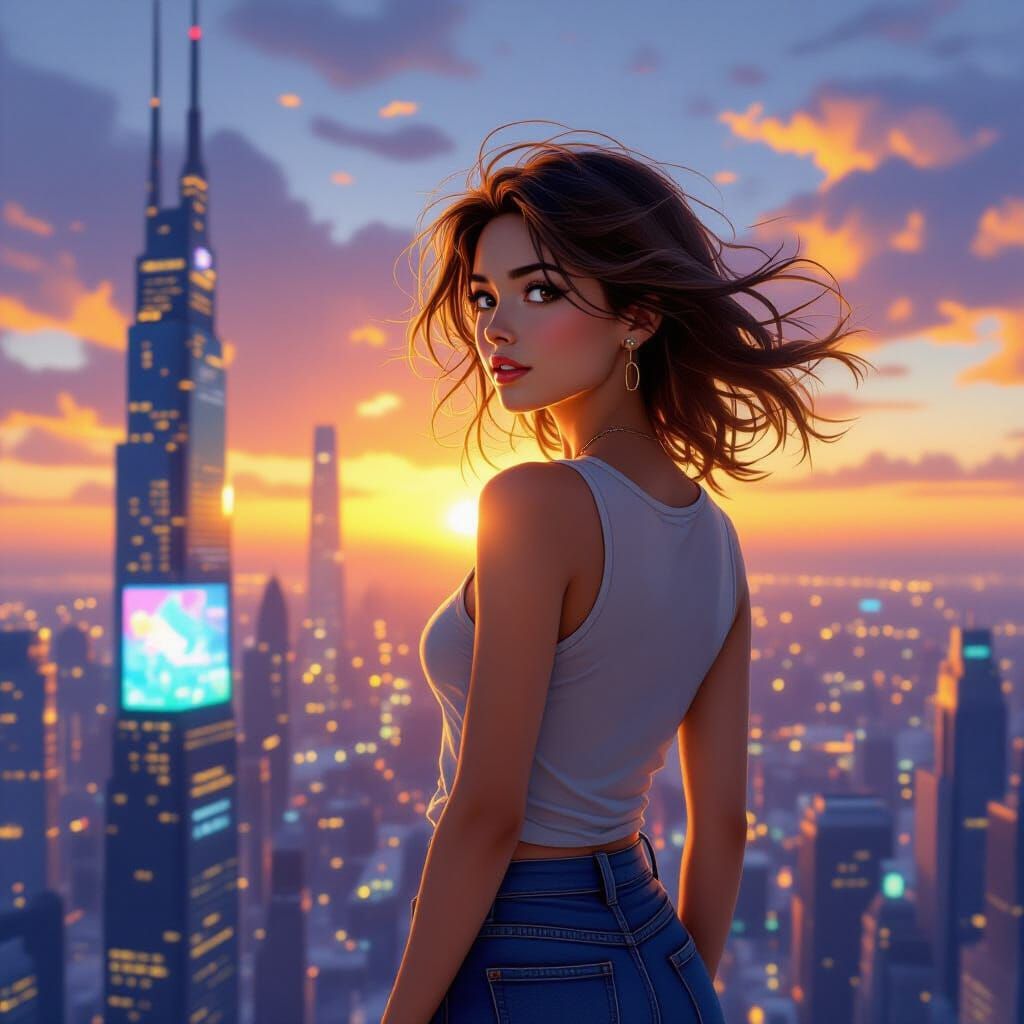 Futuristic Cityscape Sunset: Anime-Inspired Art