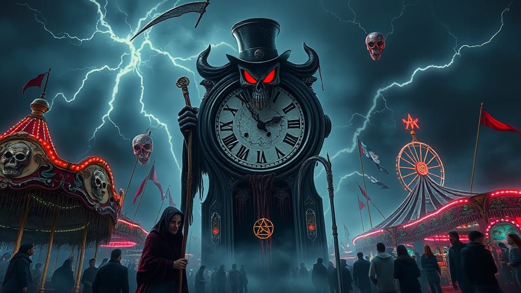 Demonic Clock Towers Over Haunted Carnival in Double Exposur...