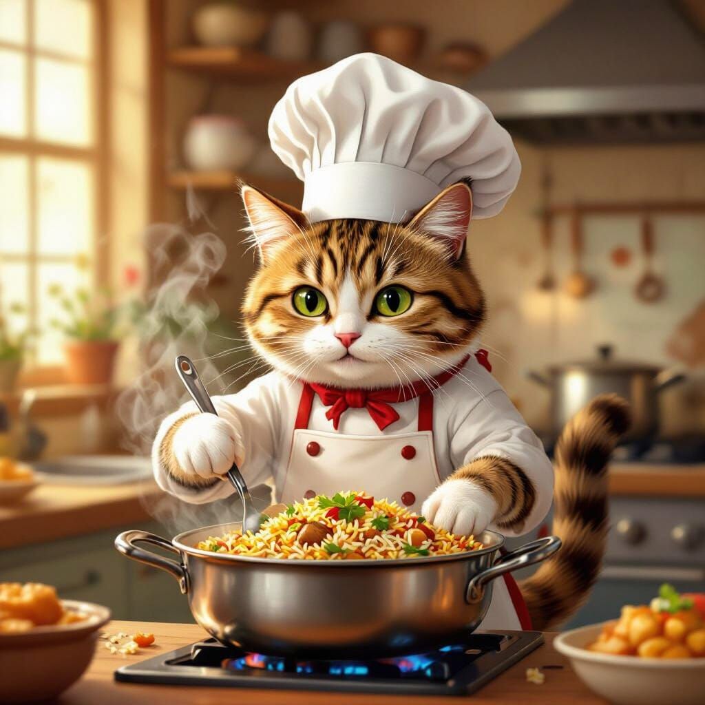 Cat Chef Cooking Biryani in Whimsical Style