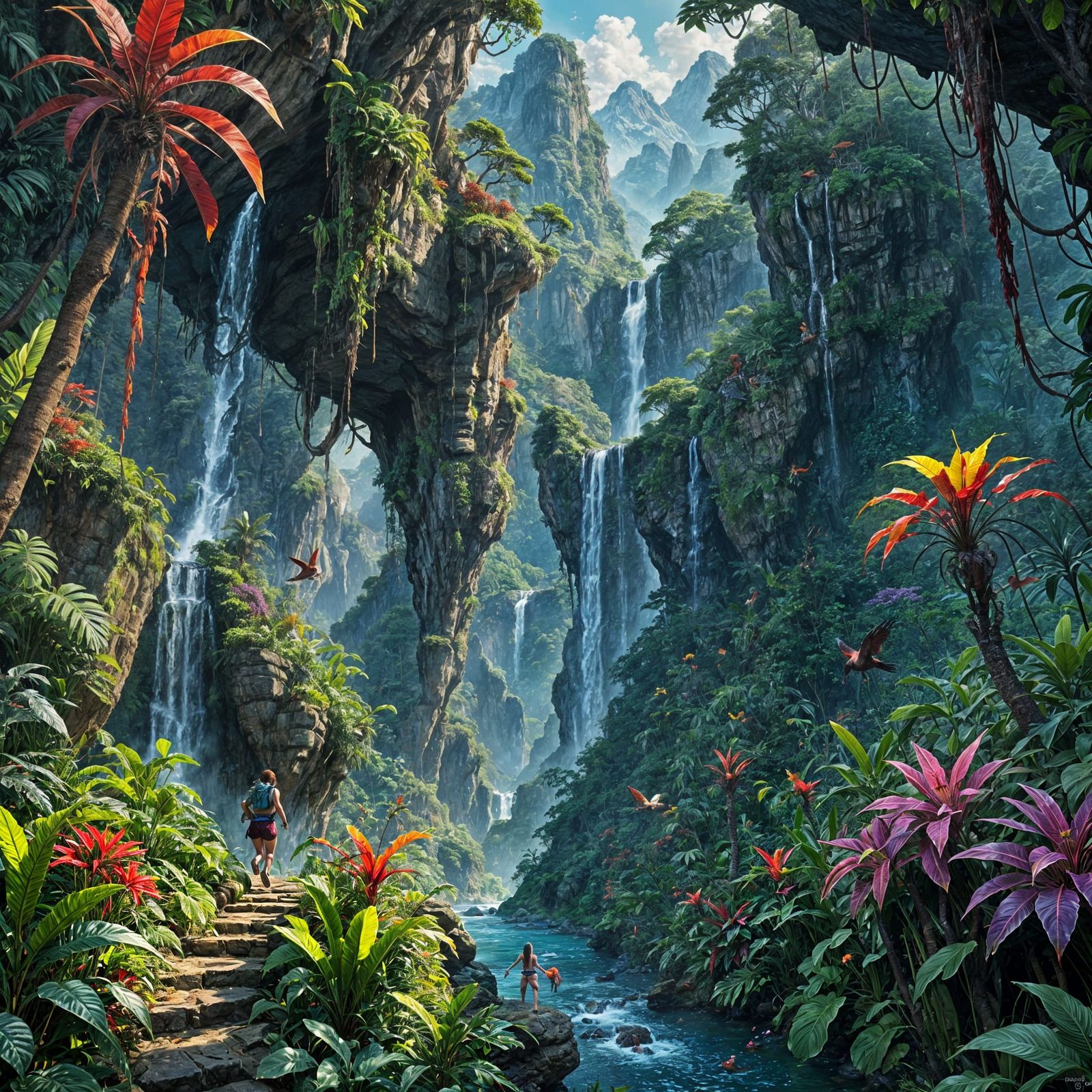 Lively Jungle Landscape with Waterfalls and Exotic Plants