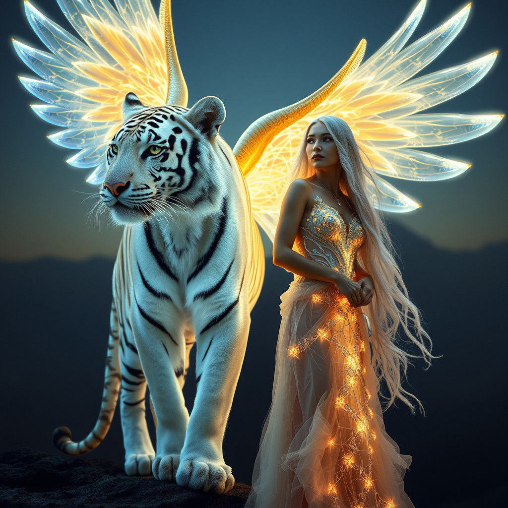 Winged Albino Tiger with Princess in Cinematic Style