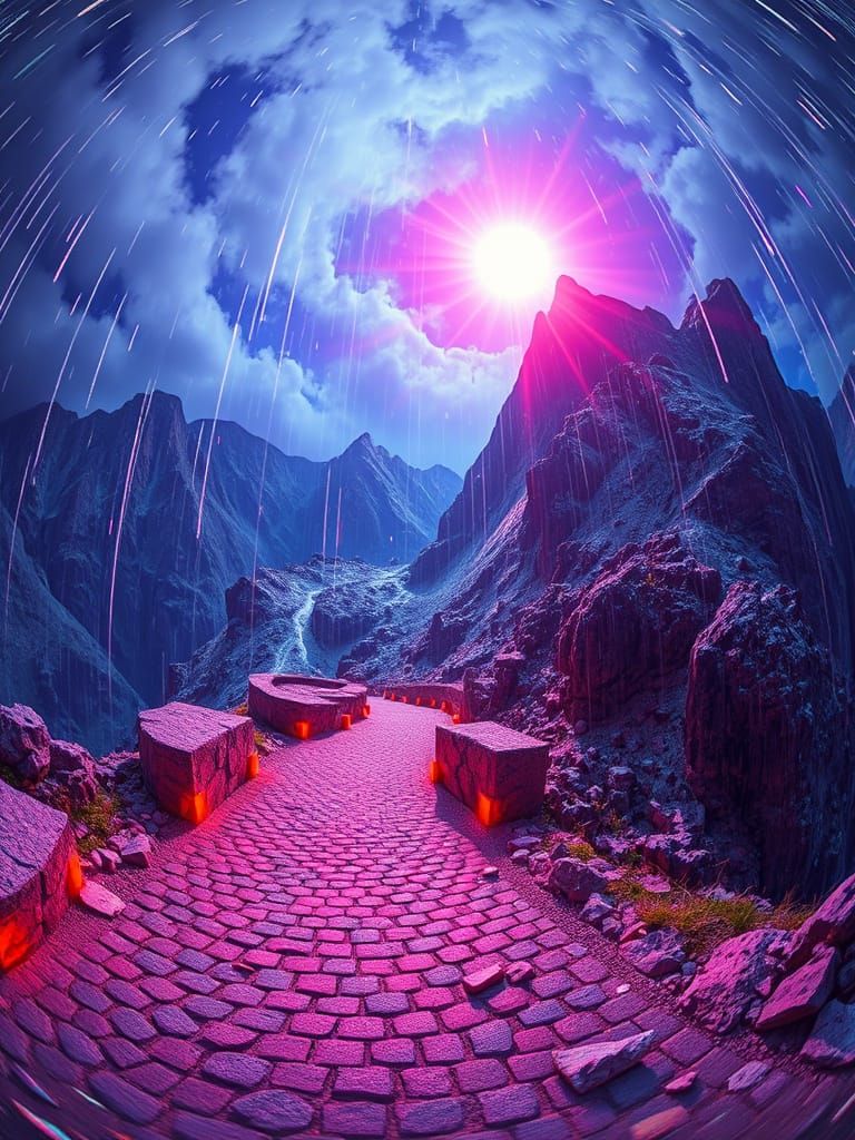 Bioluminescent Rainbow Lights on Jagged Mountain Road