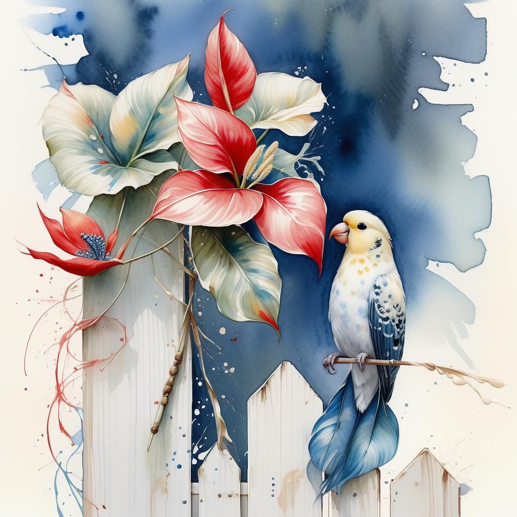 Cockatiel with Anthurium Flower, Vintage Watercolour