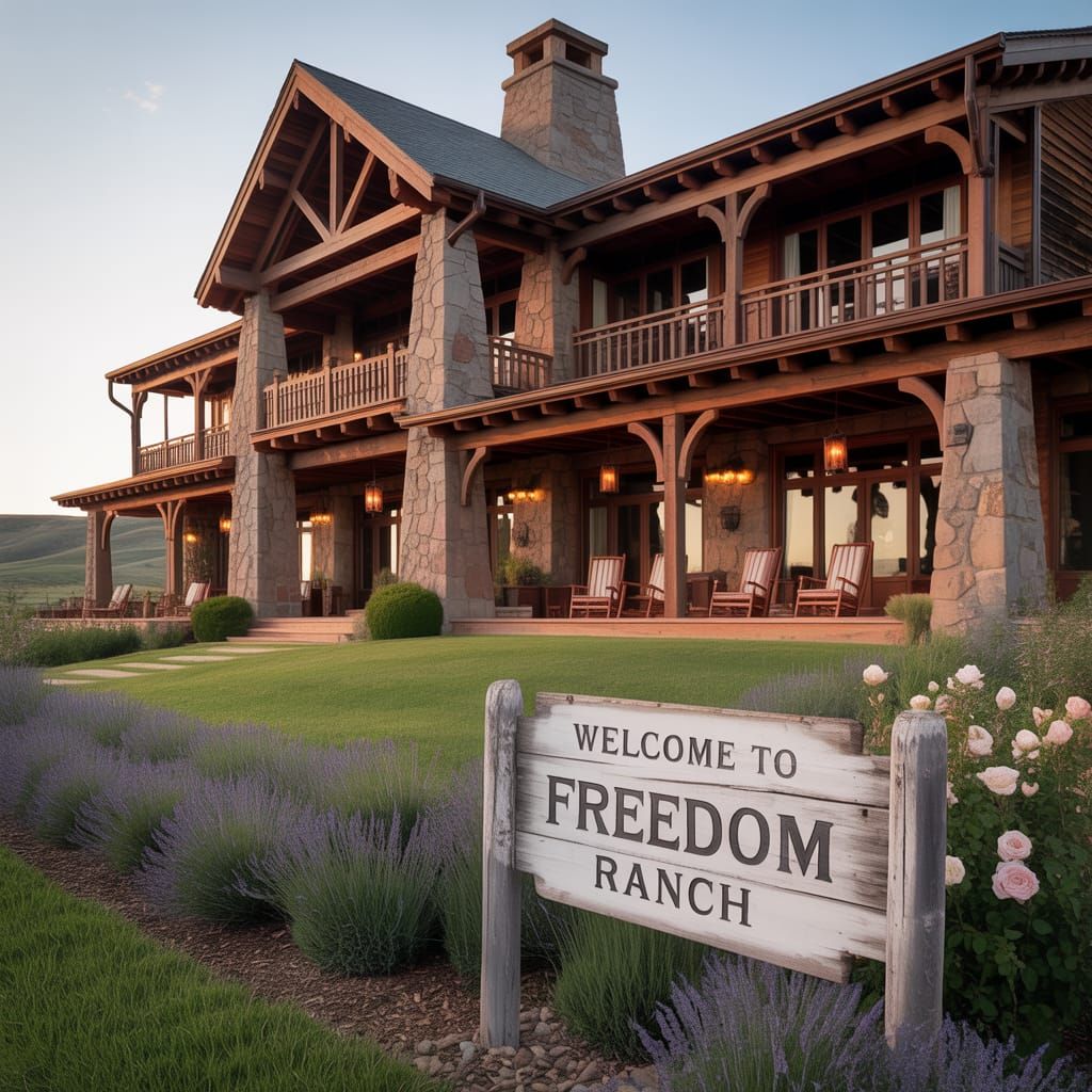 Sprawling Stone Ranch House in Golden Sunlight
