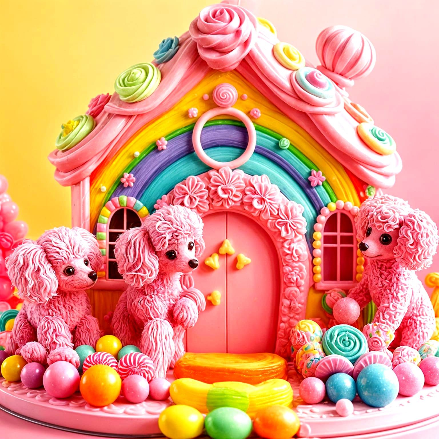 Rainbow Candyland Cake House with Pink Poodles