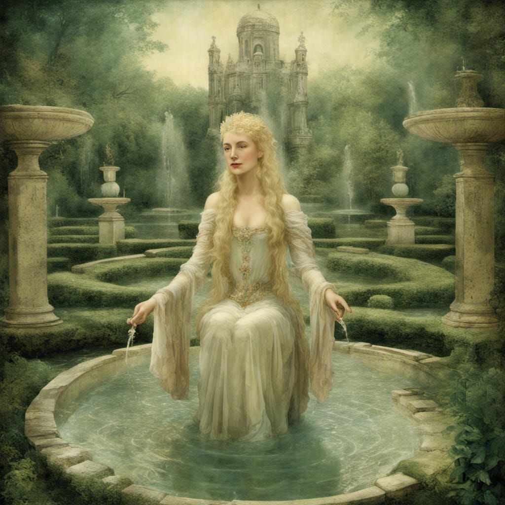 Blonde Queen in Garden Labyrinth, Magical Realism Art
