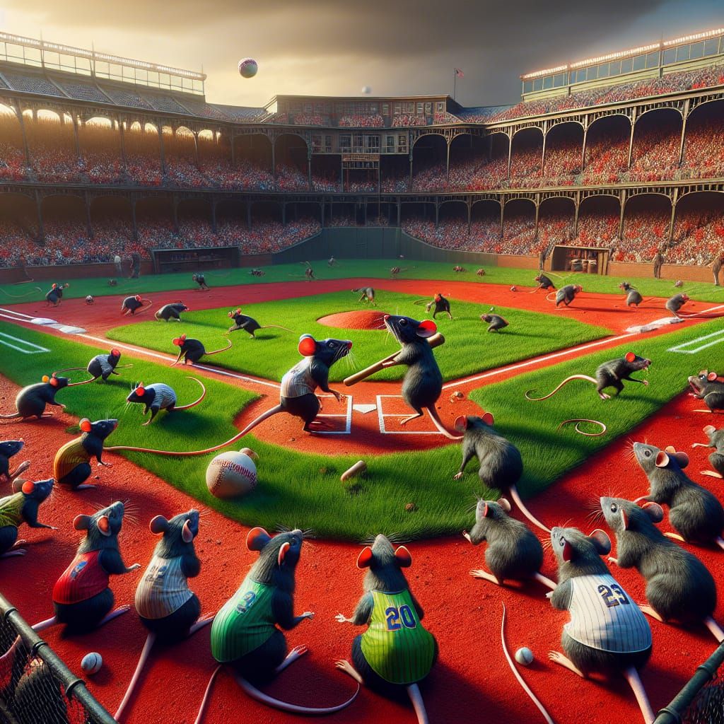 Rats in Baseball Uniforms Play Game on Detailed Field