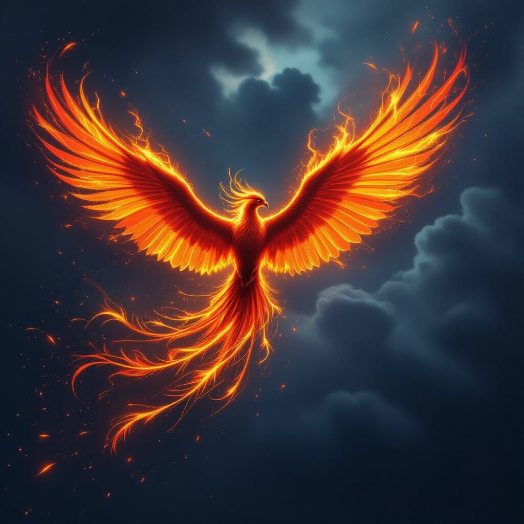 surreal firebird with enormous flaming wings, mid-flight acr...