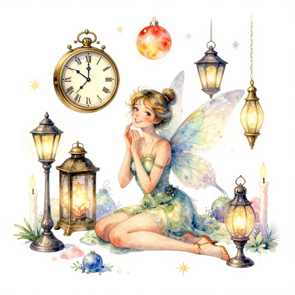Magical Fairy with New Year Decorations in Watercolor