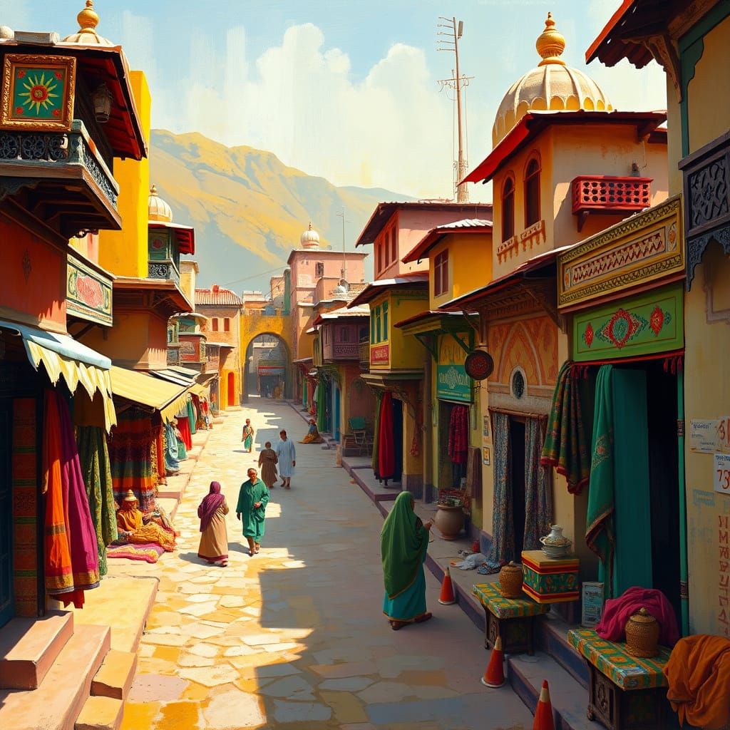 Vibrant Pakistani Village Scene in Impressionist Style