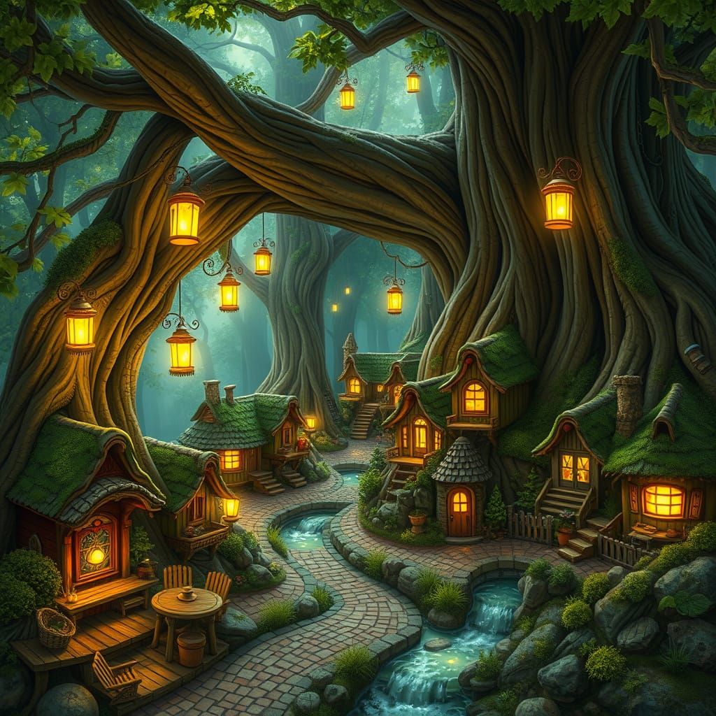 Enchanted Village in Giant Tree, Fantasy Art