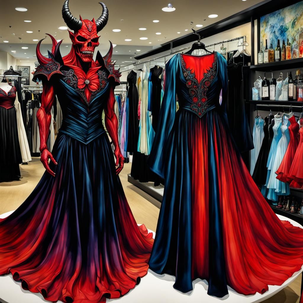 Elegant Demon Dress Shopping in Cel-Shaded Style