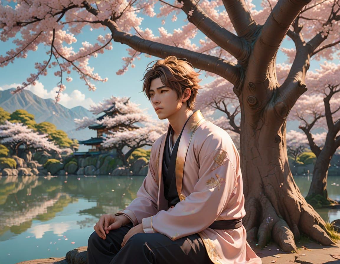 Anime Style: Young Man Under Sakura Tree