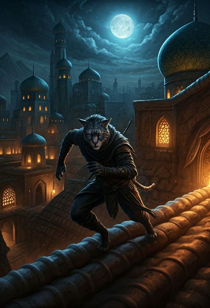 Nimble Khajiit Thief Dashing Across Desert Rooftops