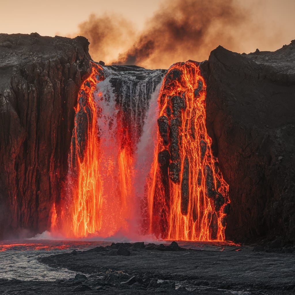 Fiery Lava Waterfall at Sunset: A Breathtaking Photograph