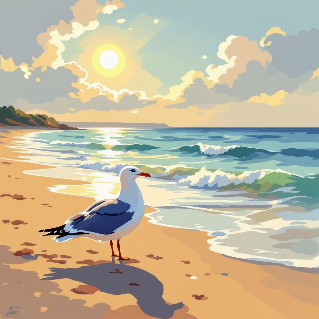 Seagull on Beach in Impressionistic Style