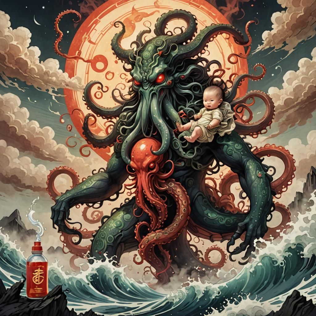 Tentacle Demon at Rave Scene in Chinese Ink Painting