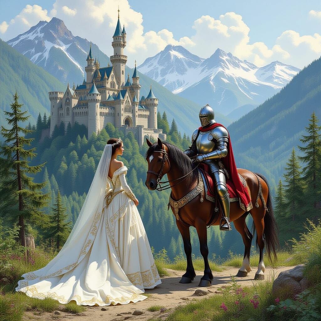 Medieval Princess and Knight in Romantic Forest Landscape