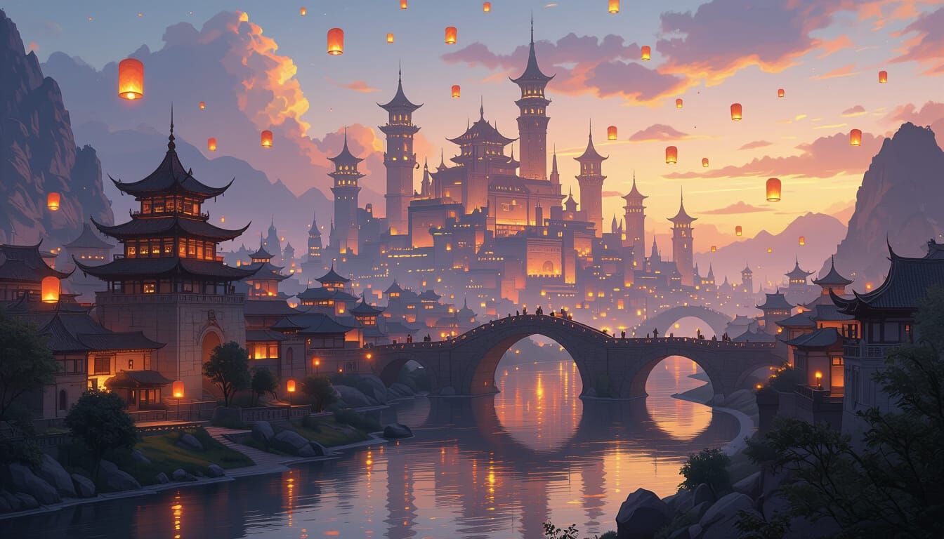 Fantasy Cityscape at Dusk with Glowing Lanterns