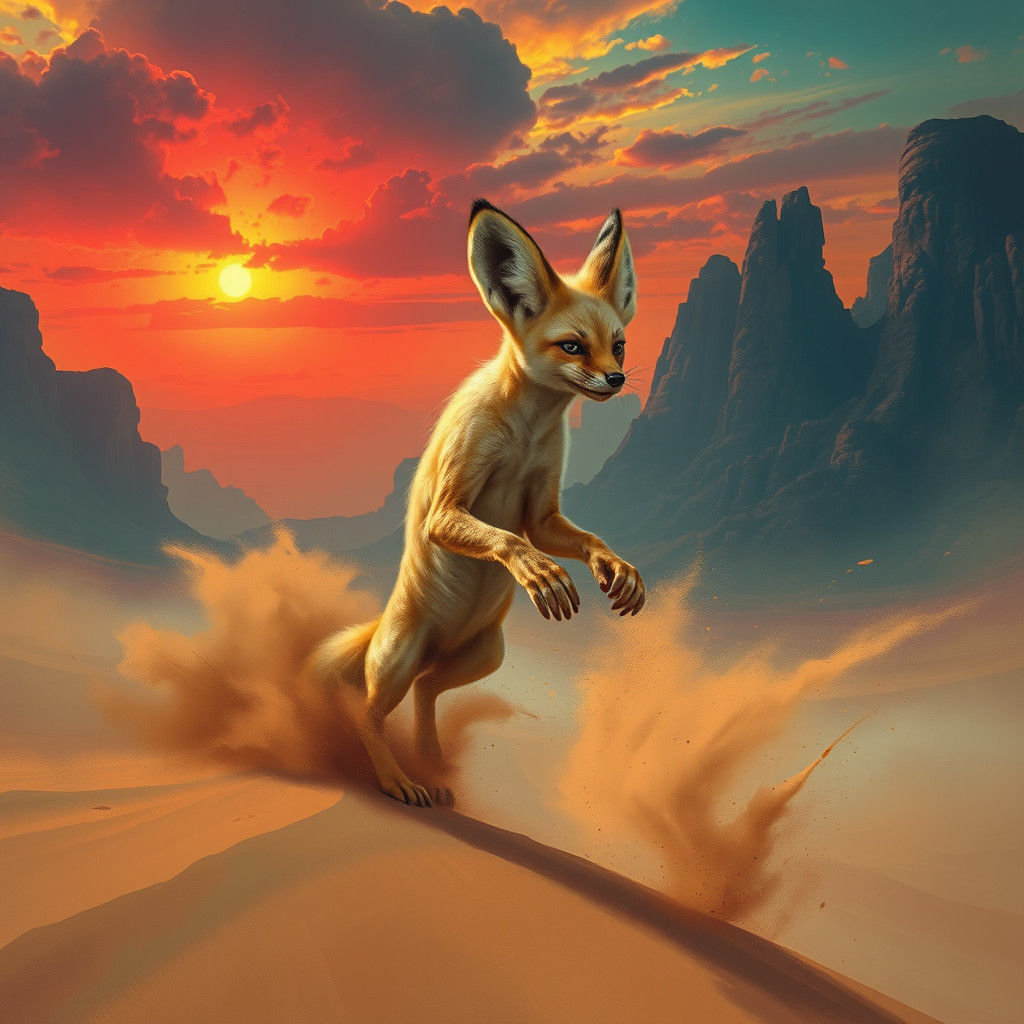 Fennec Fox Leaping in Fiery Desert Landscape