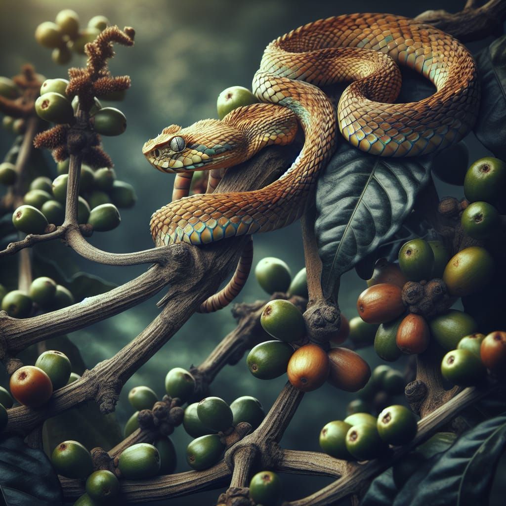 Hyperrealistic Spiny Bush Viper on Coffee Branch