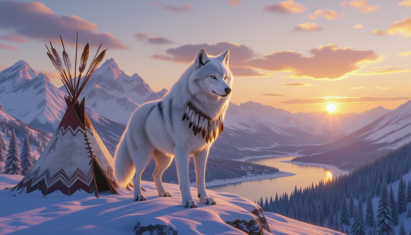 White Wolf on Snowy Peak in Golden Hour Lighting