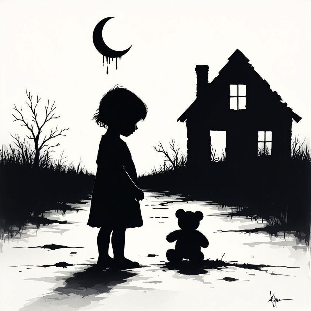 Child Silhouette by Ruined House Under Moonlit Tears