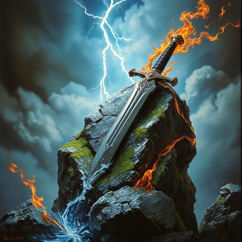 Epic Lightning Sword in a Dramatic Oil Painting