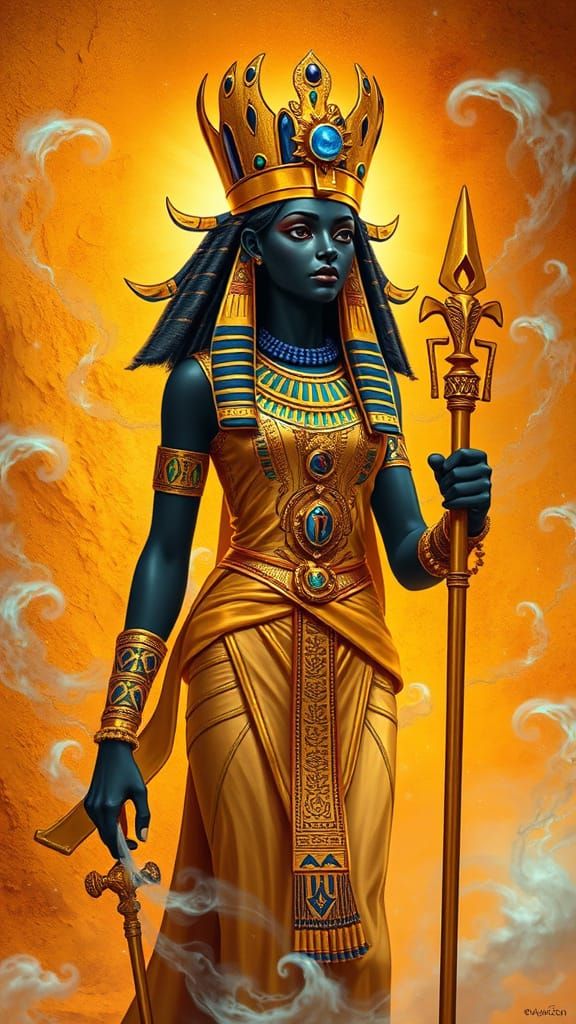 Regal Isis Goddess in Golden Headdress and Lapis Lazuli Jewe...