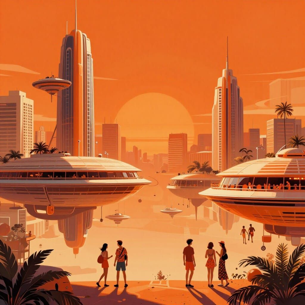 Retro-Future Cityscape Floats in Orange Sky